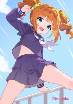 1girl alternate_costume blue_serafuku blue_sky blunt_bangs blush clenched_hand commentary_request green_eyes highres idolmaster idolmaster_million_live! inusoku long_sleeves looking_at_viewer midriff_peek navel neckerchief orange_hair railing school_uniform serafuku sidelocks sky smile solo takatsuki_yayoi thighs twintails twitter_username upper_body white_neckerchief