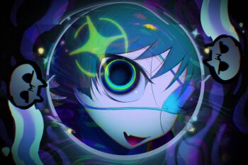 1boy alternate_costume black_eyes blunt_ends cerebrumsomnium eyepatch fang genshin_impact grey_hair highres male_focus medical_eyepatch monitoring_(vocaloid) open_mouth parody portrait pov_peephole purple_background ringed_eyes scaramouche_(genshin_impact) solo wide-eyed wispy_bangs