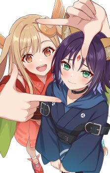 2girls :d absurdres animal_ears arms_up black_choker blue_hoodie brown_eyes brown_hair cho_kaguya-hime! choker commentary_request crescent crescent_hair_ornament detached_sleeves fanteam feet_out_of_frame finger_frame floppy_ears forehead_jewel from_above green_eyes hair_ornament highres hood hoodie japanese_clothes kaguya_(cho_kaguya-hime!) kimono long_hair long_sleeves looking_at_viewer lop_rabbit_ears multiple_girls open_mouth pink_shoes purple_hair rabbit_ears red_kimono sakayori_iroha shoes short_hair simple_background smile sneakers standing white_background