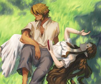 1boy 1girl absurdres alternate_costume bare_shoulders blonde_hair blue_eyes book breasts brown_hair dress earrings grass grey_pants hair_between_eyes highres holding holding_book jewelry light_smile link long_dress long_hair lying medium_breasts nintendo off-shoulder_dress off_shoulder on_back pants parted_bangs pointy_ears princess_zelda robboyu shading_eyes shirt short_hair sidelocks sitting the_legend_of_zelda the_legend_of_zelda:_twilight_princess white_dress white_shirt