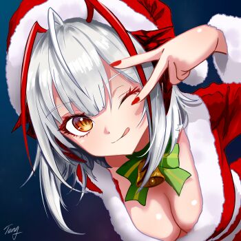 1girl ;q absurdres alternate_costume antenna_hair arknights bell bow bowtie breasts chinese_commentary christmas cleavage closed_mouth commentary commentary_request english_commentary fingernails fur-trimmed_headwear fur-trimmed_shirt fur-trimmed_sleeves fur_trim green_bow green_bowtie hat highres long_sleeves looking_at_viewer medium_breasts mixed-language_commentary multicolored_hair nail_polish neck_bell one_eye_closed orange_eyes partial_commentary red_hair red_hat red_nails red_shirt santa_costume santa_hat shirt short_hair signature smile solo streaked_hair teng_(jeff70158) tongue tongue_out v v_over_eye w_(arknights) white_hair