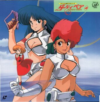 1980s_(style) 3girls blue_hair breasts brown_hair cleavage closed_mouth cover dirty_pair dokite_tsukasa dress earrings gloves green_eyes gun headband highres holding holding_gun holding_weapon jewelry kei_(dirty_pair) laserdisc_cover long_hair looking_at_viewer multiple_girls navel official_art oldschool open_mouth red_dress red_hair retro_artstyle short_hair smile weapon yuri_(dirty_pair)