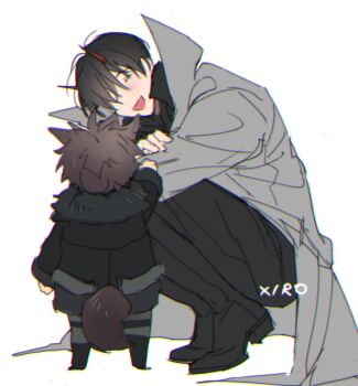 2boys animal_ears black_jacket character_request check_character child closed_eyes coat crossed_arms demon_horns full_body fur_collar grin hand_on_own_arm head_tilt height_difference horns jacket kemonomimi_mode kim_dokja male_focus multiple_boys omniscient_reader&#039;s_viewpoint open_clothes open_coat popped_collar reaching reaching_towards_another smile squatting standing tail white_coat wolf_ears wolf_tail xiro