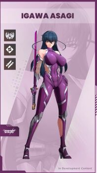 1girl 3d animated ass bare_shoulders bodysuit breasts character_name covered_navel curvy elbow_gloves full_body gloves hand_on_own_hip holding holding_sword holding_weapon huge_ass igawa_asagi impossible_bodysuit impossible_clothes large_breasts lilith-soft long_hair looking_at_viewer multiple_views purple_background purple_bodysuit shiny_clothes shiny_skin sword taimanin_(series) taimanin_asagi taimanin_squad turnaround video weapon wide_hips