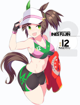1girl animal_ears bare_shoulders black_gloves black_shorts breasts brown_hair cleavage ear_covers fingerless_gloves freckles gloves green_eyes green_sports_bra hat horse_ears horse_girl horse_tail ines_fujin_(umamusume) large_breasts long_hair looking_at_viewer navel open_mouth pink_sports_bra shigino_sohuzi shorts side_ponytail single_ear_cover smile solo sports_bra sportswear stomach tail two-tone_sports_bra umamusume visor_cap