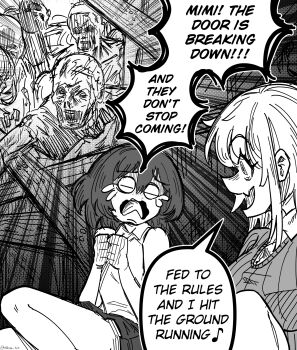 2girls 6+others barricade commentary confused crying crying_with_eyes_open elise_(nhim) english_commentary english_text highres medium_hair mimi_(nhim) multiple_girls multiple_others music musical_note nhim original singing smash_mouth speech_bubble spoken_musical_note tears wooden_wall zombie