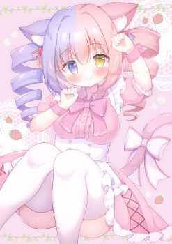Rule 34 | 1girl, amami nyanko, animal ear fluff, animal ears, apron, blush, breasts, cat ears, cat girl, cat tail, closed mouth, commentary request, convenient leg, dress, drill hair, feet out of frame, frilled apron, frilled dress, frilled sleeves, frills, hanasakichu, hands up, heterochromia, highres, indie virtual youtuber, large breasts, looking at viewer, multicolored hair, pink dress, pink hair, purple eyes, purple hair, short sleeves, sitting, smile, solo, split-color hair, tail, thighhighs, twin drills, two-tone hair, virtual youtuber, waist apron, white apron, white thighhighs, yellow eyes