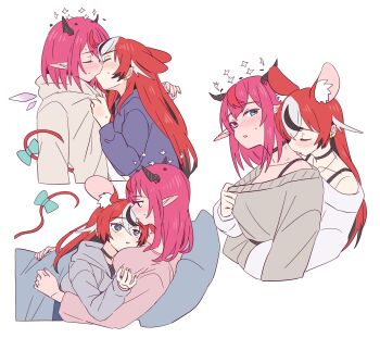 2girls animal_ears black_choker black_hair blue_eyes blush choker hakos_baelz halo hickey highres hololive hololive_english horns hug irys_(hololive) kiss long_hair lying_on_person mouse_ears mouse_girl mouse_tail multicolored_hair multiple_girls off-shoulder_sweater off_shoulder pink_hair pointy_ears ramphastostella red_hair simple_background streaked_hair sweater tail virtual_youtuber white_background white_hair yuri