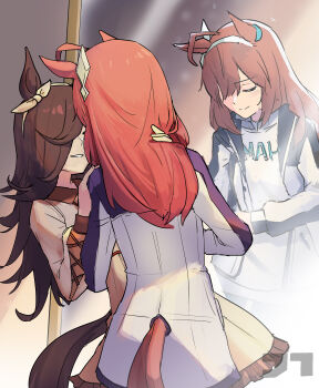 2girls absurdres ahoge animal_ears bow brown_hair brown_jacket brown_skirt carrying carrying_person closed_eyes closed_mouth clothes_writing clothing_cutout commentary commentary_request different_reflection ear_bow ear_ornament english_commentary grin hair_ornament hair_over_one_eye hairband hand_on_another&#039;s_neck hand_on_another&#039;s_shoulder highres horse_ears horse_girl horse_tail jacket jtleeklm long_hair long_sleeves mihono_bourbon_(casual)_(umamusume) mihono_bourbon_(umamusume) mirror mixed-language_commentary multiple_girls open_clothes open_jacket orange_hair reflection rice_shower_(casual)_(umamusume) rice_shower_(umamusume) shirt skirt smile standing tail tail_through_clothes umamusume white_hairband white_jacket white_shirt yellow_bow yellow_hairband yuri