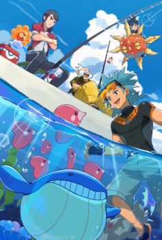 4boys algae apple apple_core black_gloves black_hair blue_hair brawly_(pokemon) castform castform_(sunny) clamperl closed_eyes closed_mouth cloud crossed_arms day eyewear_on_head fingerless_gloves fishing fishing_rod food fruit gen_3_pokemon gloves happy highres hsin leftovers_(pokemon) luvdisc male_focus marine_day multiple_boys nintendo norman_(pokemon) open_mouth orange-tinted_eyewear outdoors partially_submerged pokemon pokemon_(creature) pokemon_oras relicanth riding riding_pokemon sitting sky smile solrock sunglasses tate_(pokemon) teeth tinted_eyewear wailmer wattson_(pokemon) white_hair