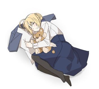 1girl ahoge artoria_pendragon_(fate) black_pantyhose blonde_hair blue_bow blue_skirt blush bow braid braided_bun buttons closed_eyes commentary_request fate/stay_night fate_(series) full_body hair_between_eyes hair_bow hair_bun highres holding holding_stuffed_toy huge_ahoge korean_commentary long_skirt long_sleeves lying no_shoes on_side open_mouth pantyhose saber_(fate) shirt short_hair sidelocks simple_background skirt sleeping solo stuffed_animal stuffed_lion stuffed_toy thdtjddus2810 white_background white_shirt