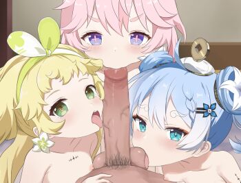3girls blonde_hair blue_eyes blue_hair censored commentary encore_(wuthering_waves) english_commentary fellatio flat_chest green_eyes highres licking licking_penis licking_testicle loli long_hair looking_at_viewer male_pubic_hair mosaic_censoring multiple_girls nipples open_mouth oral paid_reward_available penis pink_hair pov pov_crotch pubic_hair purple_eyes testicles tongue tongue_out verina_(wuthering_waves) watarurikka wuthering_waves youhu_(wuthering_waves)