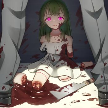 1boy 1girl absurdres against_wall amputee bleeding blood cleaver collarbone cuts dress green_hair guro highres injury karabako_tanuki loli long_hair open_mouth original pink_eyes pool_of_blood quadruple_amputee ryona scar severed_arm severed_limb sitting slit_pupils standing weapon white_dress
