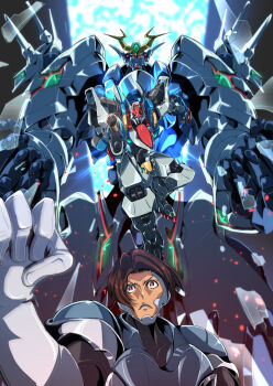 brown_hair clenched_hand dark_skin dragon_fang floating_hair ginsoukikou_ordian glass_shards gun kananase_yuu mecha ordian pilot_suit red_eyes robot sakusakusakurai super_robot weapon