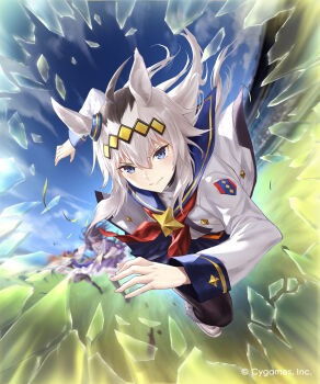 3girls ahoge animal_ears black_hair black_pantyhose black_thighhighs blue_dress blue_eyes blue_sailor_collar blue_skirt blue_sky blush broken_glass brooch brown_hair closed_mouth cloud dress ear_ornament glass grey_hair grey_tail hair_between_eyes hair_ornament hairband highres hisakata_souji horse_ears horse_girl horse_tail jacket jewelry long_hair long_sleeves multicolored_hair multiple_girls neckerchief official_art oguri_cap_(starlight_beat)_(umamusume) oguri_cap_(umamusume) outdoors pantyhose purple_dress red_neckerchief running sailor_collar shadowverse shadowverse:_worlds_beyond shirt skirt sky smile solo_focus star_brooch tail thighhighs umamusume white_jacket white_shirt