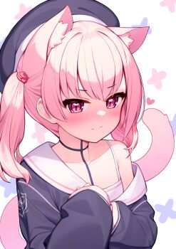 1girl animal_ears beret black_hat black_shirt blue_archive blush cat_ears cat_tail closed_mouth collarbone deaver hat highres kemonomimi_mode koharu_(blue_archive) long_sleeves looking_at_viewer medium_hair off-shoulder_shirt off_shoulder pink_eyes pink_hair school_uniform shirt solo tail upper_body