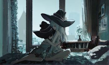 2girls bare_legs barefoot bed bedroom black_hair blue_eyes book camisole closed_eyes commentary_request curtains day drawing_(object) elaina_(majo_no_tabitabi) hat head_on_chest highres hug indian_style indoors long_hair majo_no_tabitabi multiple_girls nightgown on_bed photo_(object) picture_frame pillow plant potted_plant saya_(majo_no_tabitabi) short_hair sitting user_camd7325 vase white_camisole white_hair window witch witch_hat yuri