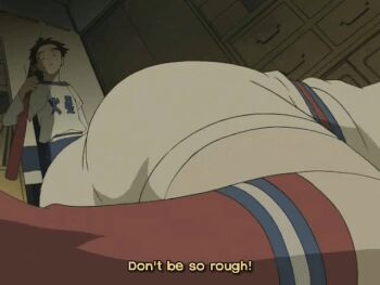 1boy 1girl animated animated_gif ass ass_focus ass_shake baseball_bat cameltoe flcl haruhara_haruko huge_ass nandaba_naota red_socks shirt short_shorts shorts socks thick_thighs thighs white_shorts