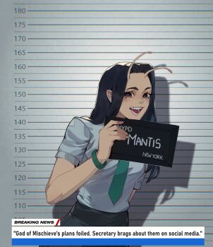 1girl :d absurdres alien alternate_costume antennae aqua_necktie barbie_mugshot_(meme) black_eyes black_hair black_skirt bracelet character_name commentary commission english_commentary english_text guardians_of_the_galaxy highres icklaa jewelry long_hair looking_at_viewer mantis_(marvel) marvel marvel_rivals meme necktie open_mouth parted_hair shirt shirt_tucked_in skirt smile solo upper_body white_shirt