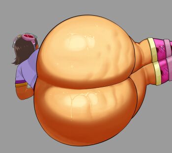 1girl ass ass_focus bottomless brown_hair cellulite emi_(fighting_vipers) facing_away female_focus fighting_vipers fighting_vipers_2 fiinel goggles goggles_on_head grey_background highres lying on_side pink_socks sega shirt_under_shirt short_hair simple_background socks sweat
