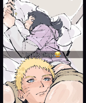 1boy 1girl beerenfuchs between_legs black_hair blonde_hair blue_eyes blush boruto:_naruto_next_generations cellphone couple emoji english_text facial_mark fake_phone_screenshot fake_screenshot head_between_thighs hetero holding holding_phone husband_and_wife hyuuga_hinata looking_at_phone naruto_(series) phone selfie short_hair smartphone smile snapchat thighs uzumaki_naruto
