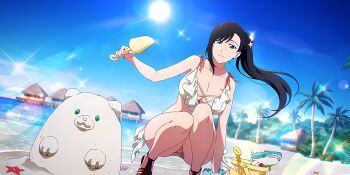 bikini bleach bleach:_brave_souls burn_the_witch duplicate hair_ornament hair_tie highres holding holding_shovel hut kneeling knees_together_feet_apart legs legs_together lens_flare long_hair looking_at_viewer niihashi_noel ocean official_alternate_costume official_art outdoors pale_skin palm_tree ponytail sand sand_sculpture sandals scenery scrunchie seashell shark shell shell_hair_ornament shore shovel side-tie_bikini_bottom side_ponytail smile solo solo_focus sparkle starfish starfish_hair_ornament string_bikini summer sunlight swept_bangs swimsuit third-party_source toy toy_gun tree tropical water water_drop water_gun wedge_heels white_bikini wrist_scrunchie