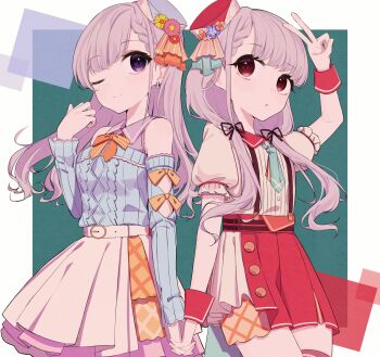 2girls ;) aran_sweater arm_cutout arm_up asymmetrical_bangs blue_hat blue_sleeves blue_sweater border bow bowtie braid braided_bangs cable_knit closed_mouth clothing_cutout collared_shirt commentary_request cowboy_shot detached_sleeves diamond_cutout earrings flower green_background grey_hair hair_over_shoulder half-skirt hand_up hat hat_flower hat_ribbon highres hisakawa_hayate hisakawa_nagi holding_hands idol_clothes idolmaster idolmaster_cinderella_girls idolmaster_cinderella_girls_starlight_stage jewelry layered_skirt long_hair long_sleeves looking_at_viewer low_twintails mini_hat multiple_girls one_eye_closed orange_bow orange_bowtie orange_ribbon orange_skirt overskirt pink_flower pink_skirt puffy_short_sleeves puffy_sleeves purple_eyes purple_shirt red_eyes red_hat red_wrist_cuffs ribbed_shirt ribbon shirt short_sleeves siblings sisters skirt sleeve_bow sleeveless sleeveless_shirt smile standing suspender_skirt suspenders sweater tsuchi_(sh_spica1) twins twintails v white_border white_shirt white_skirt wrist_cuffs yellow_flower