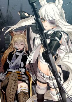 2girls aiming aiming_at_viewer animal_ear_fluff animal_ears arknights bandage_over_one_eye bandaged_leg bandages bandaid bandaid_on_face bandaid_on_leg belt black_gloves blonde_hair blood bloody_bandages boots bow_(weapon) breasts ceobe_(arknights) closed_eyes compound_bow convenient_censoring convenient_leg gloves groin hair_between_eyes holding holding_weapon indoors injury knee_up light_frown long_hair looking_at_viewer mechanical_arms midriff multiple_girls navel no_bra no_panties one_breast_out open_clothes platinum_(arknights) scar seto_tinami short_shorts shorts single_mechanical_arm stomach tail torn_clothes weapon white_hair white_shorts yellow_eyes