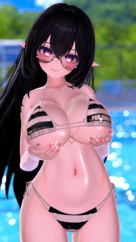 1girl 3d absurdres bikini black_hair blurry blurry_background breast_lift breasts clothes_writing cowboy_shot glasses heart heart-shaped_pupils highres lamire_vr large_breasts long_hair looking_at_viewer nail_polish navel off_shoulder pointy_ears pool red_eyes swimsuit symbol-shaped_pupils vrchat
