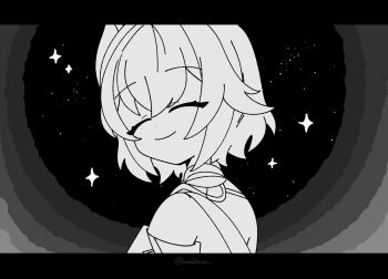 1girl bare_shoulders black_border border closed_eyes closed_mouth cowlick dress facing_viewer from_side genshin_impact greyscale hair_between_eyes highres letterboxed monochrome portal_(object) portrait short_hair sky solo space star_(sky) starry_sky tholindis_(genshin_impact) twitter_username umabinia