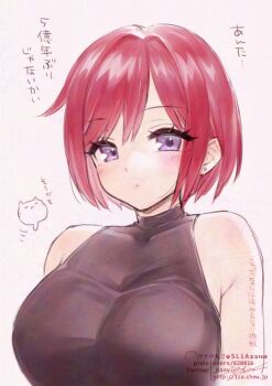 1girl adversarial_noise breasts closed_mouth earrings jewelry large_breasts looking_at_viewer nel_zelpher purple_eyes red_hair sasanoneko short_hair simple_background single_earring sleeveless solo star_ocean star_ocean:_till_the_end_of_time watermark