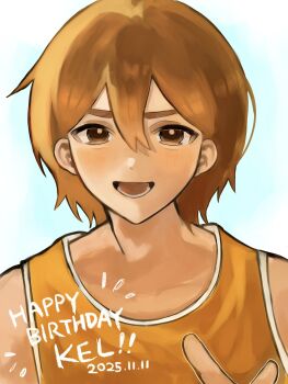 1boy 2025 :d blue_background border brown_eyes brown_hair character_name collarbone commentary_request dark-skinned_male dark_skin dated double-parted_bangs hair_behind_ear hair_between_eyes hand_up happy_birthday highres kel_(faraway)_(omori) kel_(omori) lower_teeth_only male_focus omori open_mouth orange_tank_top outside_border portrait short_hair simple_background smile solo tank_top teeth tongue v-shaped_eyebrows waiwaisiyo_ze white_border