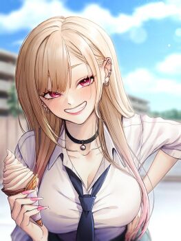 black_necktie blonde_hair blurry blurry_background breasts cleavage collarbone collared_shirt earrings fingernails grin hair_behind_ear hand_on_own_hip highres holding holding_ice_cream_cone ice_cream_cone jewelry kitagawa_marin koban7513 large_breasts light_blush long_fingernails long_hair looking_at_viewer multiple_earrings nail_polish necktie outdoors pendant_choker pink_eyes pink_lips pink_nails school_uniform shirt sleeves_rolled_up smile sono_bisque_doll_wa_koi_wo_suru teeth upper_body white_shirt