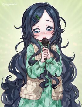 1girl black_hair blue_eyes blush brown_jacket commentary_request cowboy_shot dress green_background green_dress hair_ornament hairclip holding holding_microphone jacket kimi_no_koto_ga_dai_dai_dai_dai_daisuki_na_100-nin_no_kanojo kingjoshua long_hair long_sleeves messy_hair microphone parted_lips plaid_clothes plaid_dress sleeveless sleeveless_jacket solo standing twitter_username unmoving_pattern very_long_hair yoshimoto_shizuka