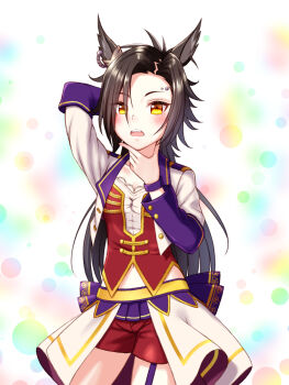 1girl air_shakur_(umamusume) animal_ears black_hair blush bodice breasts collarbone commentary_request corset cropped_jacket eyebrow_piercing face_piercing garter_straps hand_on_own_chin highres horse_ears horse_girl jacket long_hair looking_at_viewer midriff_peek navel no_tail open_mouth overskirt piercing purple_garter_straps red_corset red_shorts sharp_teeth shirt shorts solo starting_future_(umamusume) sugimotty_nova teeth umamusume white_jacket white_shirt wristband yellow_eyes