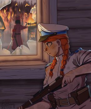 1girl absurdres ambush assault_rifle belt bolt_action broken_window burning burning_building closed_mouth colored_skin fire fluffkaiser freckles gun hat hiding highres indoors jacket looking_at_another military military_hat military_uniform mosin-nagant original red_hair rifle russia russian_ground_forces russian_civil_war russian_clothes serious strap twintails twitter_username village weapon white_hat white_jacket white_army white_skin window wooden_wall