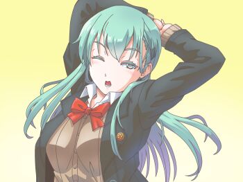 Rule 34 | 1girl, aqua hair, arm behind head, arms up, blush, breasts, brown jacket, cardigan, commentary request, gradient background, green eyes, hair ornament, hairclip, jacket, kantai collection, long hair, looking at viewer, one eye closed, open mouth, shirt, sir ichirou, solo, stretching, suzuya (kancolle), suzuya kai ni (kancolle), upper body, white shirt, yellow background