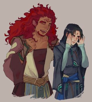 2boys aevi animal_ears black_hair capelet closed_eyes commentary dark-skinned_male dark_skin english_commentary facial_hair facial_mark fire_emblem fire_emblem:_radiant_dawn forehead_mark goatee lips long_hair male_focus multiple_boys nintendo red_eyes red_hair simple_background skrimir_(fire_emblem) soren_(fire_emblem)