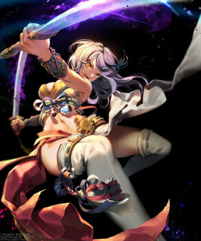 1girl caesty dual_wielding female_focus holding long_hair midriff navel open_mouth solo sword watermark weapon web_address