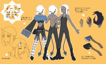 Rule 34 | 1girl, axe, backless outfit, bandana, blue eyes, boots, claws, dark-skinned female, dark skin, fur trim, highres, ilya (pixiv fantasia age of starlight), kaji akihiro, multiple views, pixiv fantasia, pixiv fantasia age of starlight, pointy ears, reference sheet, short hair, sleeveless, smile, tail, tan, white boots, white hair, yellow background