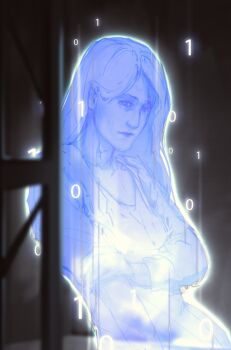 1girl alexandra_drennan binary breasts collarbone hologram jacket lips long_hair long_sleeves looking_at_viewer missing_commentary mrmichaelissebastian open_clothes open_jacket sleeve_rolled_up small_breasts solo the_talos_principle_(series) the_talos_principle_1 upper_body