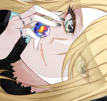 1girl black_jacket blonde_hair cynthia_(pokemon) green_eyes hair_over_one_eye holding jacket jewelry long_hair looking_at_viewer mega_stone nail_polish nintendo pokemon pokemon_dppt ring sakaralalala smile solo