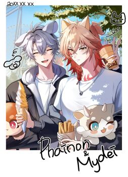 Rule 34 | 2boys, absurdres, animal ear hairband, animal ears, antenna hair, black jacket, blonde hair, blue sky, blush, braid, cat ears, character name, closed eyes, commentary, dog ears, facial tattoo, fake animal ears, gradient hair, hairband, highres, honkai: star rail, honkai (series), jacket, male focus, medium hair, multicolored hair, multiple boys, mydei (fig stew) (honkai: star rail), mydei (honkai: star rail), neck tattoo, open clothes, open jacket, parted bangs, phainon (honkai: star rail), phainon (vigethos) (honkai: star rail), red hair, red tattoo, shirt, short hair, side braid, sky, stuffed toy, tattoo, white hair, white shirt, yammin, yellow eyes