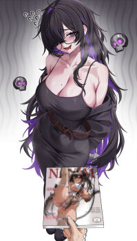 Rule 34 | 1boy, 1girl, absurdres, annotated, arm behind back, armpit crease, bags under eyes, bare shoulders, bay (nikke), bay (radiant rabbit) (nikke), black-framed eyewear, black cardigan, black dress, black hair, blush, book, breasts, cardigan, cardigan partially removed, censored, collarbone, commentary, covered navel, dress, drooling, epko, floating skull, flying sweatdrops, glasses, goddess of victory: nikke, hair over one eye, highres, hitachi magic wand, holding, holding book, implied masturbation, label (nikke), large breasts, long hair, looking at viewer, manga (object), mole, mole on breast, mosaic censoring, mouth drool, multicolored hair, one eye covered, purple eyes, purple hair, pussy juice stain, sex toy, skindentation, sleeveless, sleeveless dress, steaming body, sweat, taut clothes, taut dress, trembling, two-tone hair, very long hair, vibrator