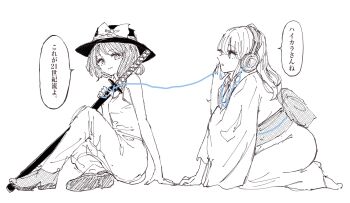 2girls alternate_costume black_hat blonde_hair blue_string bow brown_hair dress earphones hair_between_eyes hand_on_ground hand_rest hat hat_bow highres kashiwada_kiiho kneeling maribel_hearn medium_hair multiple_girls no_headwear pants puffy_sleeves sash shirt shoes short_hair simple_background sitting sleeveless sword touhou translated usami_renko weapon white_background