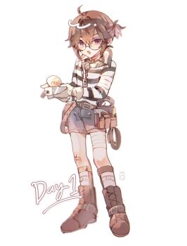 1boy :o bag bandaged_arm bandaged_leg bandages bandages_over_clothes bandaid bandaid_on_knee bandaid_on_leg belt blue_shorts boots brown_boots brown_hair bruise bruised_eye chain collar glasses gloves hair_between_eyes half-closed_eye highres identity_v injury leg_brace looking_at_viewer luca_balsa male_focus metal_collar ponytail satchel shirt short_ponytail shorts striped_clothes striped_shirt tools toramledak uneven_eyes white_gloves