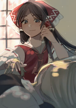 2girls ascot bare_shoulders black_vest blonde_hair blush bow brown_eyes brown_hair closed_mouth commentary_request detached_sleeves frilled_bow frilled_hair_tubes frills hair_bow hair_tubes hakurei_reimu hand_in_another&#039;s_hair hand_on_own_cheek hand_on_own_face highres kirisame_marisa long_hair looking_at_another multiple_girls red_ascot red_bow red_shirt ribbon-trimmed_sleeves ribbon_trim shi_chimi shirt sleeping sleeveless sleeveless_shirt smile touhou vest white_shirt window