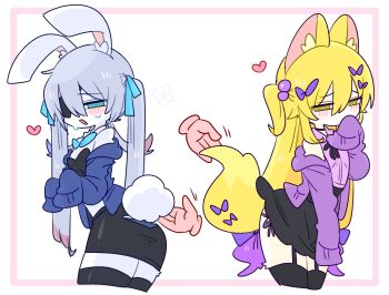 2boys animal_ear_fluff animal_ears arched_back bare_shoulders beads black_choker black_corset black_leotard black_ribbon black_skirt black_thighhighs blonde_hair blue_bow blue_bowtie blue_cardigan blue_eyes blue_hair blush bow bowtie cardigan choker clothing_cutout collared_shirt colored_tips commentary corset covering_own_mouth cowboy_shot crossdressing crossdressing_(mtf) detached_collar disembodied_hand double-parted_bangs eyepatch flipped_hair fox_boy fox_ears fox_tail frilled_shirt_collar frills from_behind from_side furrification furry furry_male garter_straps hair_beads hair_between_eyes hair_bow hair_ornament hand_up hands_up heart highres kapela_(op_na_yarou) leaning_forward leotard long_hair long_sleeves looking_at_viewer male_focus midriff miniskirt multicolored_hair multiple_boys multiple_hair_bows narrowed_eyes neck_ribbon no_nose off_shoulder one_eye_covered op_na_yarou open_cardigan open_clothes open_mouth original panties panty_peek panty_straps pencil_skirt pink_shirt purple_bow purple_cardigan purple_hair purple_panties quad_tails rabbit_boy rabbit_ears rabbit_tail raised_inner_eyebrows red_hair ribbon rigel_(op_na_yarou) shirt side-tie_panties sidelocks simple_background skirt sleeveless sleeveless_shirt sleeves_past_fingers sleeves_past_wrists standing straight_hair strapless strapless_leotard sweatdrop tail tail_bow tail_grab tail_ornament tail_through_clothes thighhighs thighs trap two-tone_hair underwear very_long_hair watermark white_background white_hair