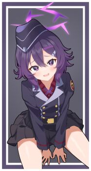1girl absurdres acalephea between_legs black_skirt blue_archive blue_hat blue_jacket blush collared_shirt grey_background hair_ornament hairclip halo hand_between_legs haruka_(blue_archive) hat highres jacket long_sleeves looking_at_viewer open_mouth purple_eyes purple_hair purple_halo red_skirt school_uniform shirt short_hair sitting skirt solo thighs