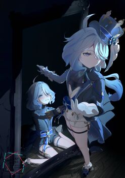 1girl aged_down ahoge ascot black_gloves blue_eyes blue_hair blue_hat blue_jacket crying expressionless furina_(genshin_impact) genshin_impact gloves hair_between_eyes hat heterochromia highres jacket long_sleeves looking_up mirror multicolored_hair on_floor pulling_another&#039;s_clothes shoes short_hair solo streaked_hair top_hat water white_hair